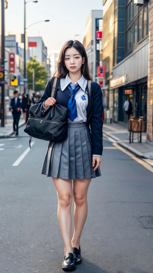 a beautiful 18 year old Japanese high school girl with perfect anatomy, healthy thighs, beautiful legs, beautiful skin, random hair color and style, large breasts, (wearing a Japanese schoolgirl uniform:1.3), (she is standing:1.2), penny loafers, holding a student bag, full body shot, standing on a city street, (best quality,4k,8k,highres,masterpiece:1.3),(extremely detailed:1.2), photorealistic, ultra-detailed, vivid colors, studio lighting, professional, dahyuntwicelora