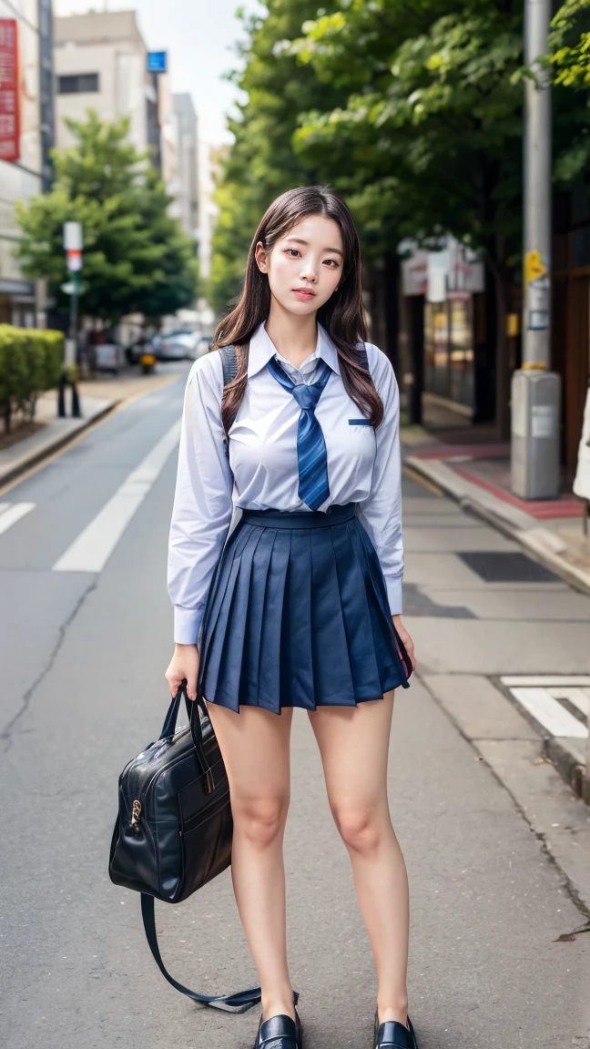 a beautiful 18 year old Japanese high school girl with perfect anatomy, healthy thighs, beautiful legs, beautiful skin, random hair color and style, large breasts, (wearing a Japanese schoolgirl uniform:1.3), (she is standing:1.2), penny loafers, holding a student bag, full body shot, standing on a city street, (best quality,4k,8k,highres,masterpiece:1.3),(extremely detailed:1.2), photorealistic, ultra-detailed, vivid colors, studio lighting, professional, dahyuntwicelora