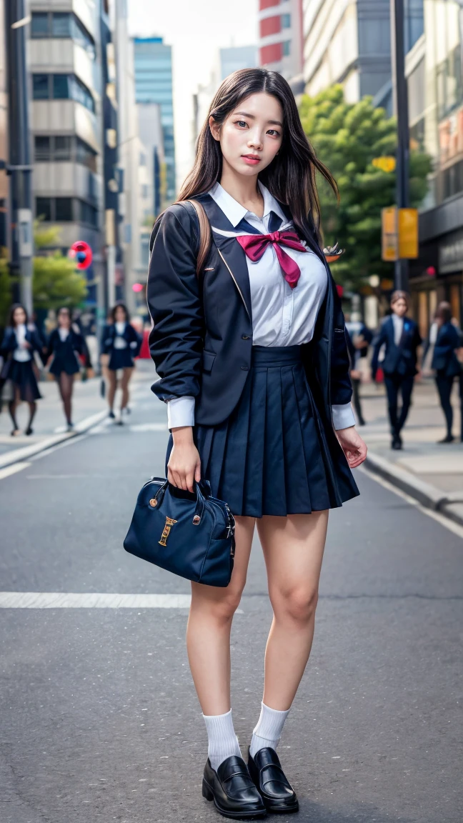 a beautiful 18 year old Japanese high school girl with perfect anatomy, healthy thighs, beautiful legs, beautiful skin, random hair color and style, large breasts, (wearing a Japanese schoolgirl uniform:1.3), (she is standing:1.2), penny loafers, holding a student bag, full body shot, standing on a city street, (best quality,4k,8k,highres,masterpiece:1.3),(extremely detailed:1.2), photorealistic, ultra-detailed, vivid colors, studio lighting, professional, dahyuntwicelora