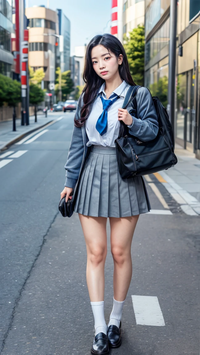 a beautiful 18 year old Japanese high school girl with perfect anatomy, healthy thighs, beautiful legs, beautiful skin, random hair color and style, large breasts, (wearing a Japanese schoolgirl uniform:1.3), (she is standing:1.2), penny loafers, holding a student bag, full body shot, standing on a city street, (best quality,4k,8k,highres,masterpiece:1.3),(extremely detailed:1.2), photorealistic, ultra-detailed, vivid colors, studio lighting, professional, dahyuntwicelora