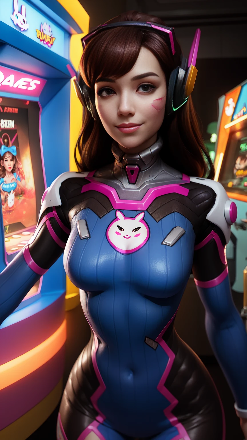 Dva, brown hair, brown eyes,  facial mark,  
bodysuit,  headphones
standing,  upper body,
arcade, indoors,  neon lights,  smile, 
(insanely detailed, beautiful detailed face,beautiful detailed eyes, masterpiece, best quality),solo,
