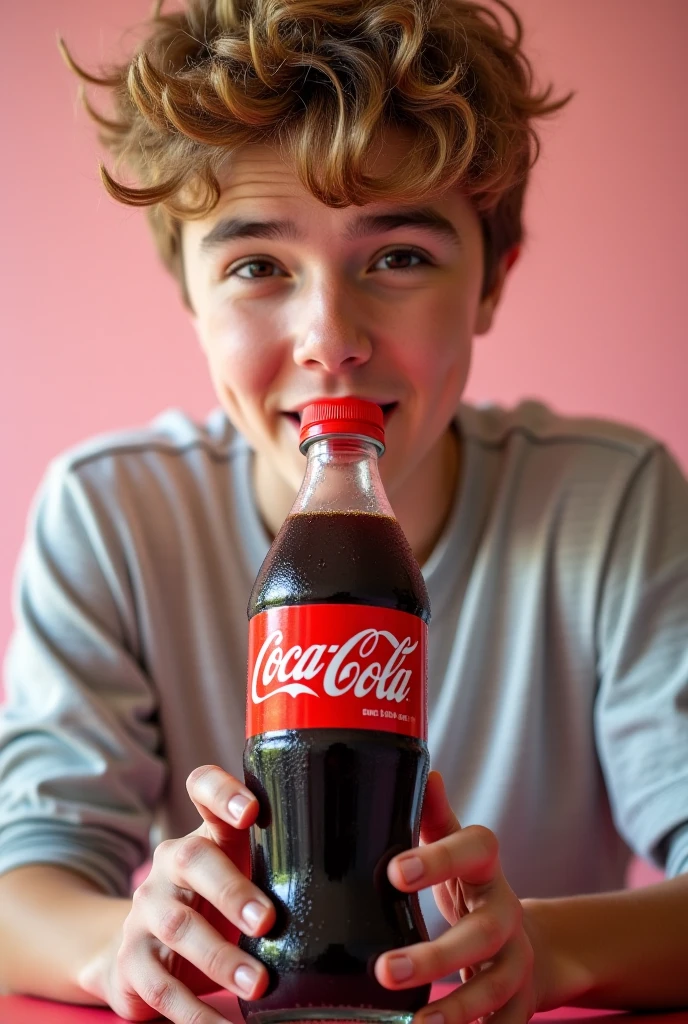 A photo of a lively scene at the Coca-Cola Shop. There is a boy drinking a bottle of Coca-Cola. The boy is wearing a red and white striped The background contains the Coca-Cola Shop sign, potted plants, and image.
