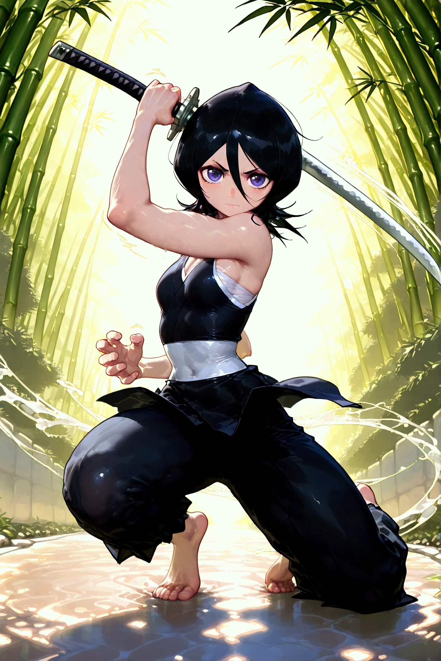 (Rukia,rukia kuchiki, black hair, hair between eyes, purple eyes, short hair, Rukia is wearing a tight kimono with oversized white silk pants, barefoot, Ancestral Katana), (masterpiece), best quality, newest, highres, absurdres, ultra detail, extremely detailed, official art, rich colors, sharp contrast, detailed shading, perfect anatomy, good hands, 1girl,solo,(dynamic view, dynamic action from 3/4, moody, epic, gorgeous, sharp eyes, (sexy stockings:1.2), small waist, small breast, expressive pose, motion lines),Dojo, bamboo, garden ponds, (shredded  muscles)