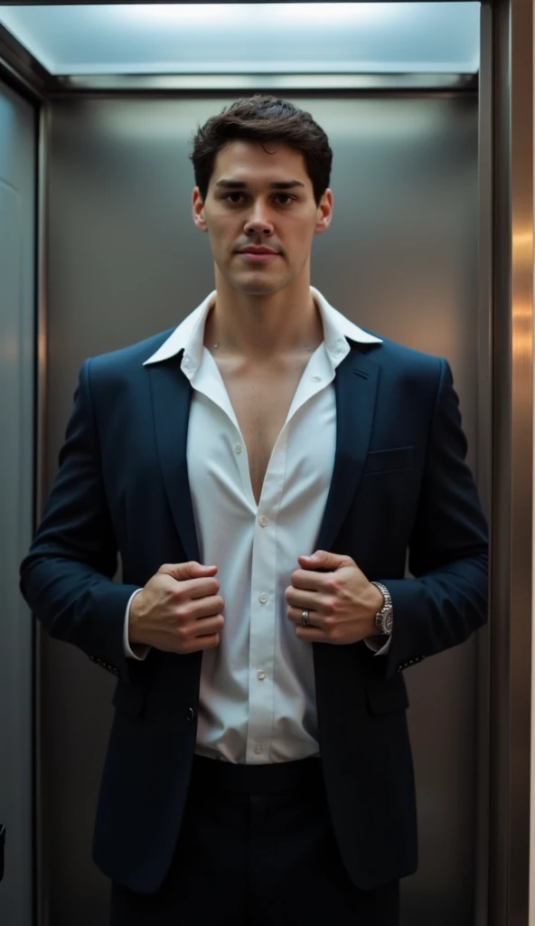 Superman ,a 30-year-old Noah Beck face, attractive, a suit with muscular,, black dress pants (tearing his white business shirt:1.2) with both hands, showing the blue sS logo of Superman suit under his breast clothes in a US telephone booth, patriotic smile, 16k,UHD, dslr, insane details, award-winning photo. Behind Superman stands 70 years-old Daddy Jonathan , full of white hair , wearing Farmer clothes, touching Superman's chest with his hands. Daddy Jonathan kiss Superman.Thy kiss each oter. Superman can't refuse
