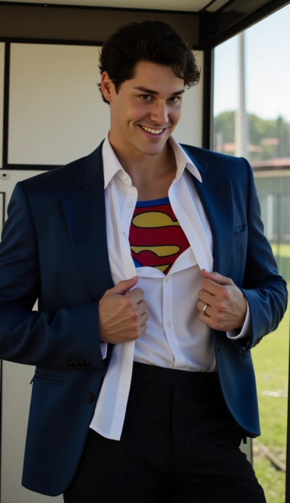 Superman ,a 30-year-old Noah Beck face, attractive, a suit with muscular,, black dress pants (tearing his white business shirt:1.2) with both hands, showing the blue sS logo of Superman suit under his breast clothes in a US telephone booth, patriotic smile, 16k,UHD, dslr, insane details, award-winning photo. Behind Superman stands 70 years-old Daddy Jonathan , full of white hair , wearing Farmer clothes, touching Superman's chest with his hands. Daddy Jonathan kiss Superman.Thy kiss each oter. Superman can't refuse
