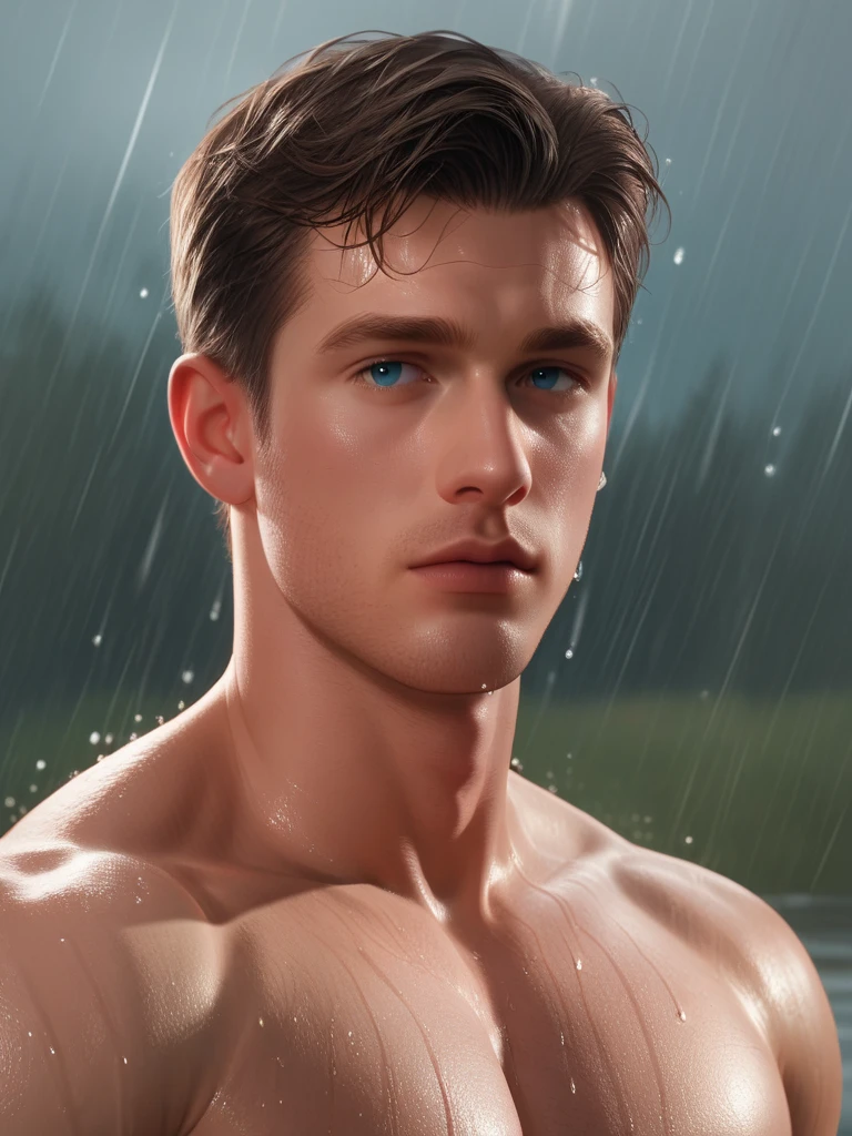 Naked man, 30s, shower, water colour