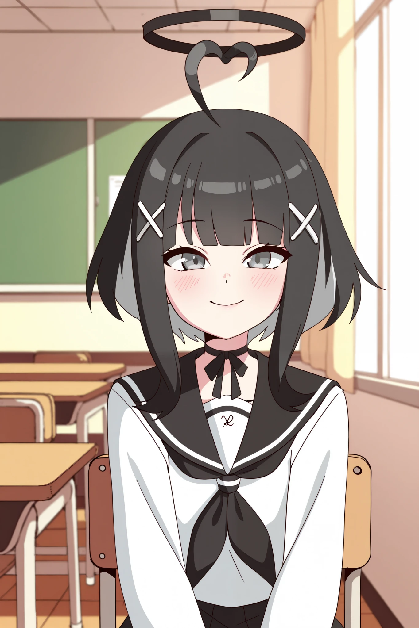 masterpiece, best quality, very aesthetic, 4k, uhd, 1girl, , upper body, from front, looking at viewer, smile, sitting on chair, grey eyes, short hair, black hair, multicolored hair, grey inner hair, bangs, blunt bangs, heart ahoge, ahoge, halo, black halo, bubble text, english text, hello! I am Rika, hair ornament, serafuku, white shirt, untucked, collared shirt, sailor collar, neckerchief, black neckerchief, long sleeves, skirt, black skirt, pleated skirt, choker, x hair ornament, long sleeves,sidelocks, long sidelocks, ribbon choker, indoors, classroom, morning, tables, chairs, windows, windows open, wind, soft lighting, Depth of Field, soft focus, anime coloring,