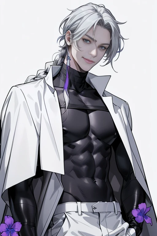 full HD, 4K, better quality, ((1 Adult man, 40 years))), ((white long Hair)), ((grey eyes)), one long braid, black turtleneck, white trousers, Black background, Large assembly, Pumped up body, good anatomy, (super detailed face), (Detailed eyes, Even the eyes), soft look, soft expression, ((sweet smile)), Dynamic pose in a white cloak, military, V-shaped neckline on the chest, tattoos on the body, glowing light, ( violet flowers at the background), scars on the chest, look to the side, cyberpunk style, keeps one hand in his pocket, he looks away, (Dynamic pose), leather gloves