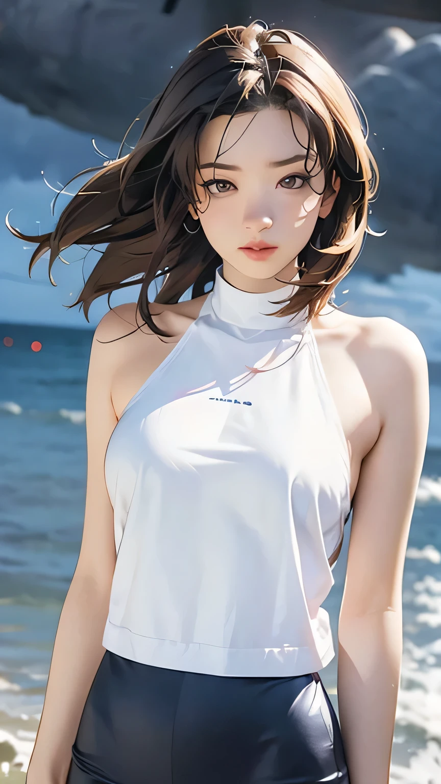 (logo、masterpiece、8k、Tabletop、RAW Photos、wonderful、最high quality、Photorealistic and Very detailed CG integrated 8k wallpaper、high quality、Very detailed、Narrative poem、Particle Effects、Dynamic Effects、Written boundary depth、Cinematic Light、Lens flare、Ray Tracing)、Fantasy、 (One beautiful woman、White pants、White T-shirt、White tube top、White crop top、Black-haired、Beautiful Face、True Face、Beautiful details、eye、Beautiful Skin、Ultimate Body、glamorous)、私の髪はWindに舞う、Hair flutters in Wind、Hair bounces、Seaside、wonderful景色、Coastal、sunrise、Sun in the background、Wind、Beach