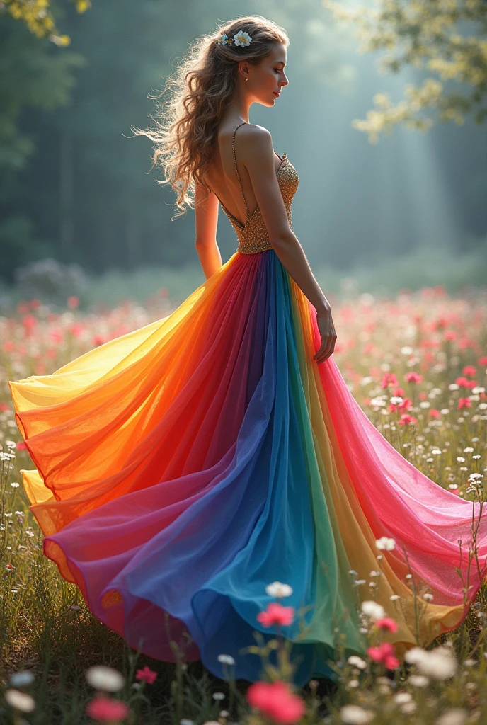 Beautiful girl with wavy long hair, long wedding dress is painted rainbow colors, short hight, big smile, big boob, long running through on walkways to me, background is realistic