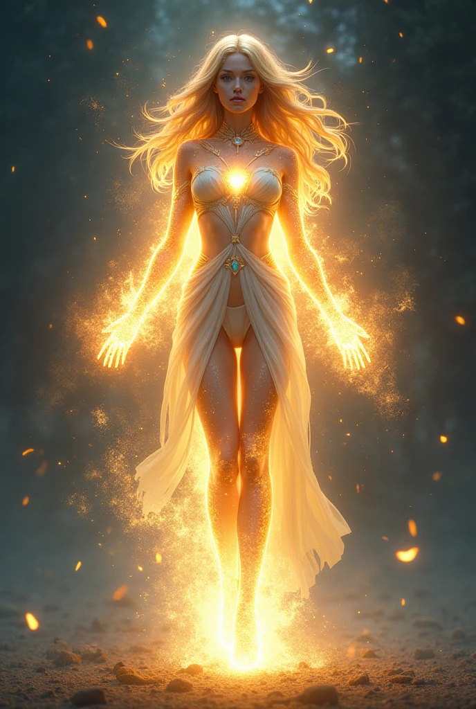 Create a detailed comic-style illustration of a superheroine named Lumina. She exudes an ethereal, radiant presence, standing with grace and confidence. Her skin has a soft golden glow, as if illuminated from within, reflecting light in a way that makes her seem almost otherworldly. Her long, flowing white hair cascades down her back, with the tips flickering in vibrant shades of orange and red, resembling living flames. Her eyes are bright yellow, glowing like pure light, giving her a mystical and captivating gaze. Lumina is dressed in a flowing outfit that constantly shifts colors between gold, orange, and red, evoking the warmth and energy of fire and sunlight. Her entire body emits a soft, warm glow, and when she activates her powers, this light intensifies, making the air around her shimmer with heat. The overall effect is a figure of radiant energy and fiery passion, embodying the power of light and flame.