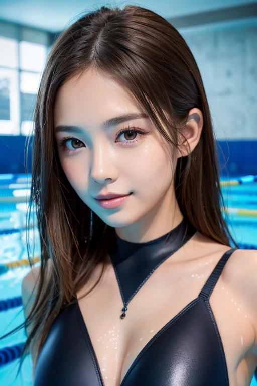 8K, of the highest quality, masutepiece:1.2), (Realistic, Photorealsitic:1.3), of the highest quality, masutepiece, Beautiful young woman, Pensive expression, Thoughtful look, Competitive swimmers、swim wears、Hair tied back, Cinematic background, Light skin tone、wetted skin