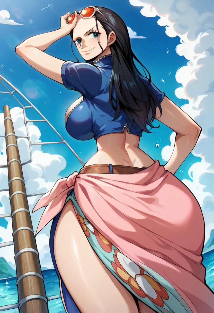 score_9 score_8_up score_7_up, Nico Robin from One Piece, Black Hair, Long Hair, Pale Skin, Blue Eyes, Mouth Closed, Sunglasses on Forehead, Blue Zip-up Jacket,hands on hip, Short Sleeves, Midriff, Pink Sarong, On a Wooden Ship, Sea Background,Huge Breasts,Wide Hips,Thin Waist, Solo,Smiling, vibrant colors, cel shading, Simplistic Art Style,(from behind),