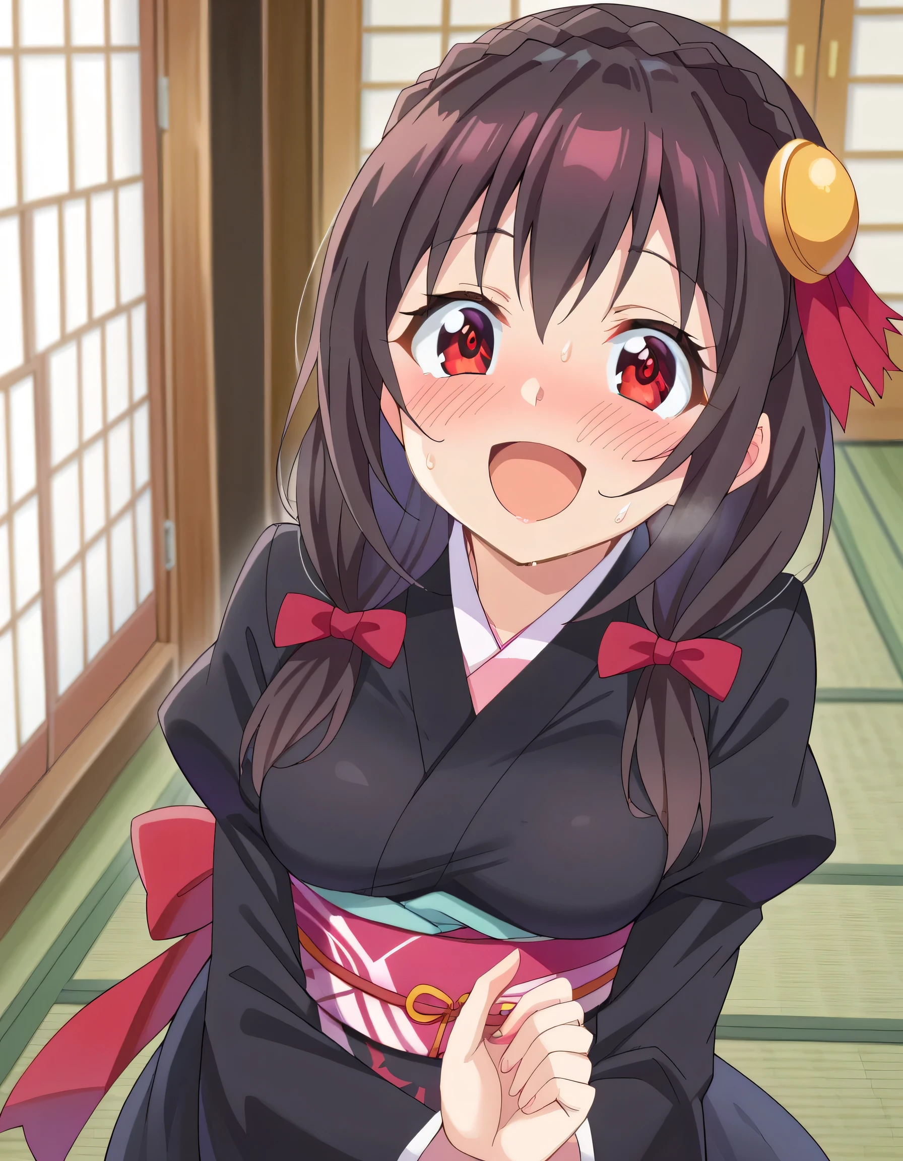 HD, High Quality 、
Yunyun、 black hair, hair accessories, red eyes, , braided , crown braided ,
(Long-sleeved kimono)、 New Year、I'm doing karuta indoors、Alive、 is sweating
(smile)、(blush)、 open your mouth and laugh、View from above at an angle