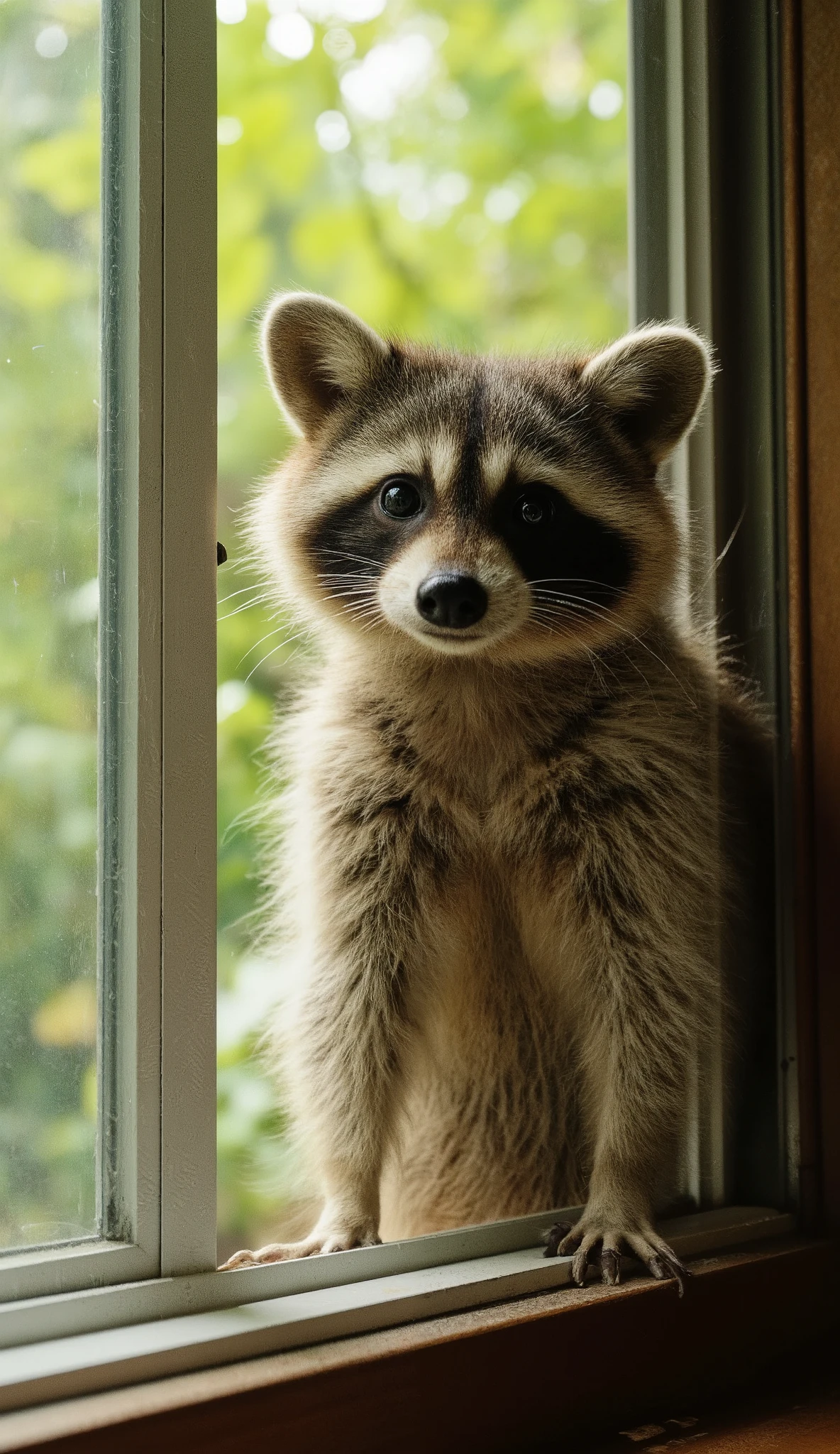 A very clear ultra HD dynamic image of "A surprised Raccoon looking through a window. The raccoon has naughty looks in his big eyes, keeling on the window he is trying to see inside, curious big eyes, with the vibrant forest in the background and sunlight streaming through the leaves. ultrarealistic