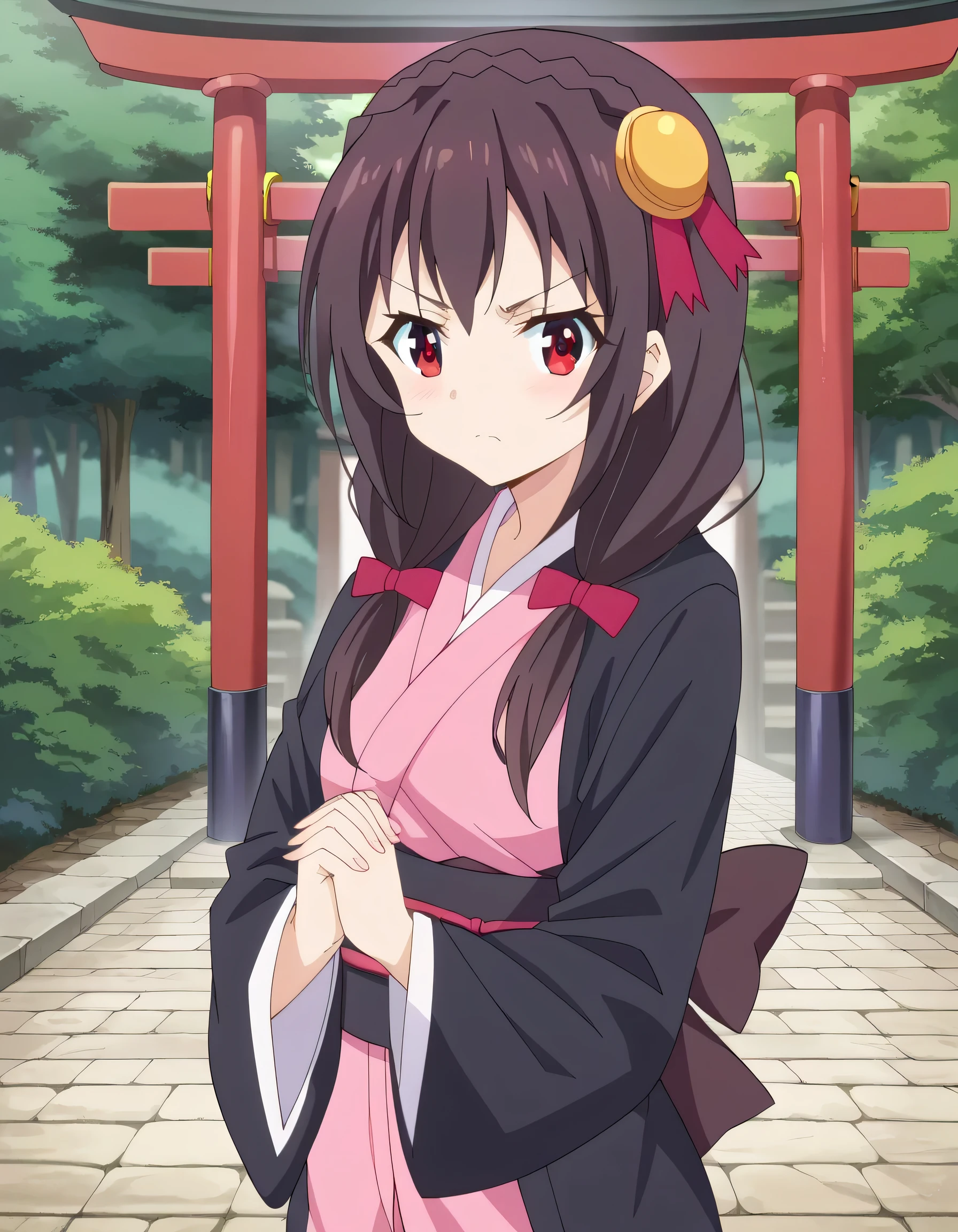 HD, High Quality 、
Yunyun、 black hair, hair accessories, red eyes, , braided , crown braided ,
(Long-sleeved kimono)、shrine、I'm putting my hands together and praying、torii、 serious expression
