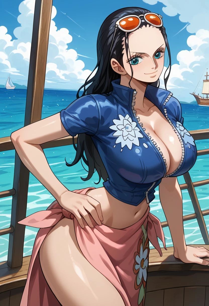 score_9 score_8_up score_7_up, Nico Robin from One Piece, Black Hair, Long Hair, Pale Skin, Blue Eyes, Mouth Closed, Sunglasses on Forehead, Blue Zip-up Jacket,hands on hip, Short Sleeves, Midriff, Pink Sarong, On a Wooden Ship, Sea Background,Huge Breasts,Wide Hips,Thin Waist, Solo,Smiling, vibrant colors, cel shading, Simplistic Art Style,(from behind), Leaning forward