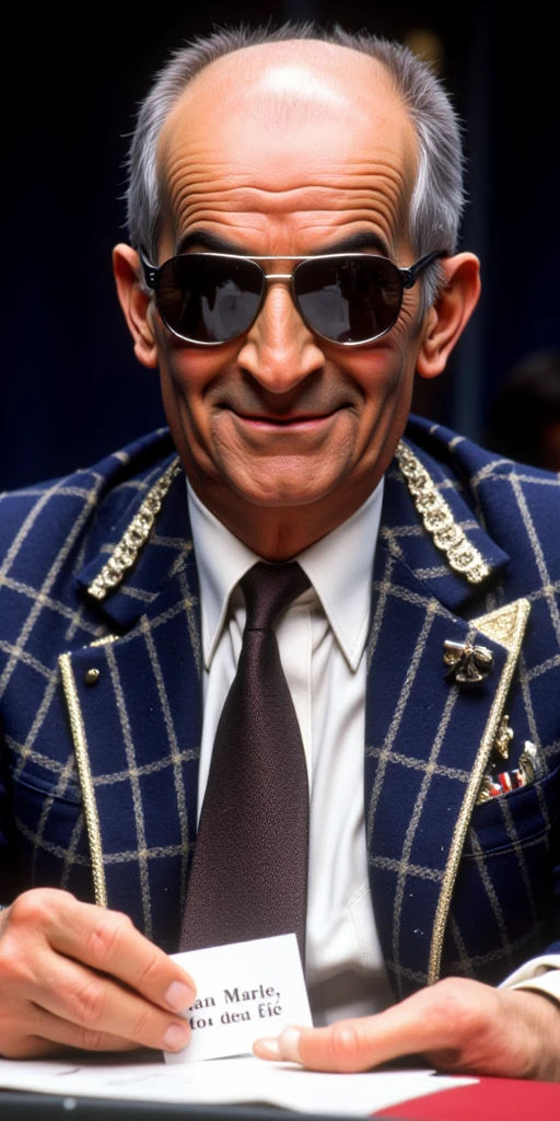 this high quality photo is depicting legendary french actor Louis de Funes a man 49 years old (defunex) that play a poker player in a poker tournament, wearing a titanium coated flashy suit with futuristic dark grey chromed sunglasses, stupor expression, very talented comedian card player, real life, cinematic lighting, dynamic lighting, dramatic lighting, film grain, great composition, filmed by stanley kubrick, 2001 a space odyssey vibe, ultra high quality, image sharpness, intensity, cliffhanger, sense of danger, poker face smile, he know that he will win the hand he is holding a piece of paper in front of him, written with a pen, showing the text "Jean Marie, trop beau tié". His hair is tied back doesn't cover her face. he is smiling