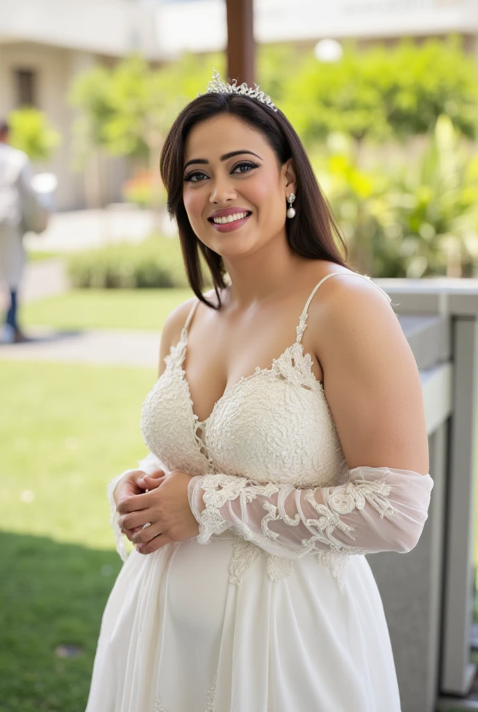 (8K, raw photo,  better quality ,  masterpiece:1.2), (realistic, photo-realistic:1.37), ultra high resolution,  depth of field ,  chromatic aberration , caustics, Ample lighting,  natural shading ,Fujifilm XT3, masterpiece, ultra detailed ,vestido de novia,1 girl, breasts, Alone, thighs, large breasts,  looking at the spectator , blush, nipples, smile, jewelry, blows, white thighs, hair ornament, belly button, collar, clavicle,  bare shoulders , bridal gauntlets, Gloves, neckline, elbow Gloves, thighs,  full body, outdoors, standing, 