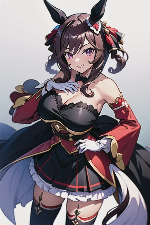 gentildonna,umamusume,1girl, animal ears, solo, purple eyes, horse tail,large breasts,,light smile,best quality,bare shoulders, white gloves, black belt on the chest, red dress, frills, ribbon, black skirt, thighhighs, white legwear, large breasts, hand on own hip, smug,