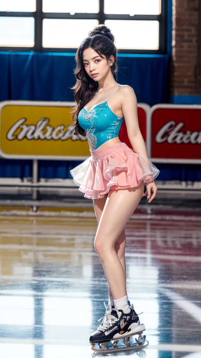 (8k, best quality:1.3), (extremely detailed:1.2), perfect anatomy, beautiful Japanese woman, 18 years old, healthy thighs, beautiful legs, beautiful skin, random hair color, random hairstyle, large breasts, (she is standing:1.2), female figure skater, figure skating outfit, (miniskirt:1.3), full body shot, skate shoes, skating rink, dahyuntwicelora