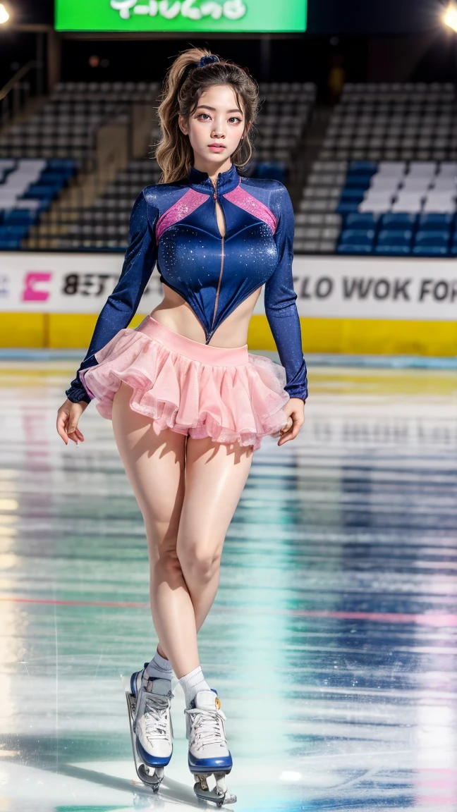 (8k, best quality:1.3), (extremely detailed:1.2), perfect anatomy, beautiful Japanese woman, 18 years old, healthy thighs, beautiful legs, beautiful skin, random hair color, random hairstyle, large breasts, (she is standing:1.2), female figure skater, figure skating outfit, (miniskirt:1.3), full body shot, skate shoes, skating rink, dahyuntwicelora