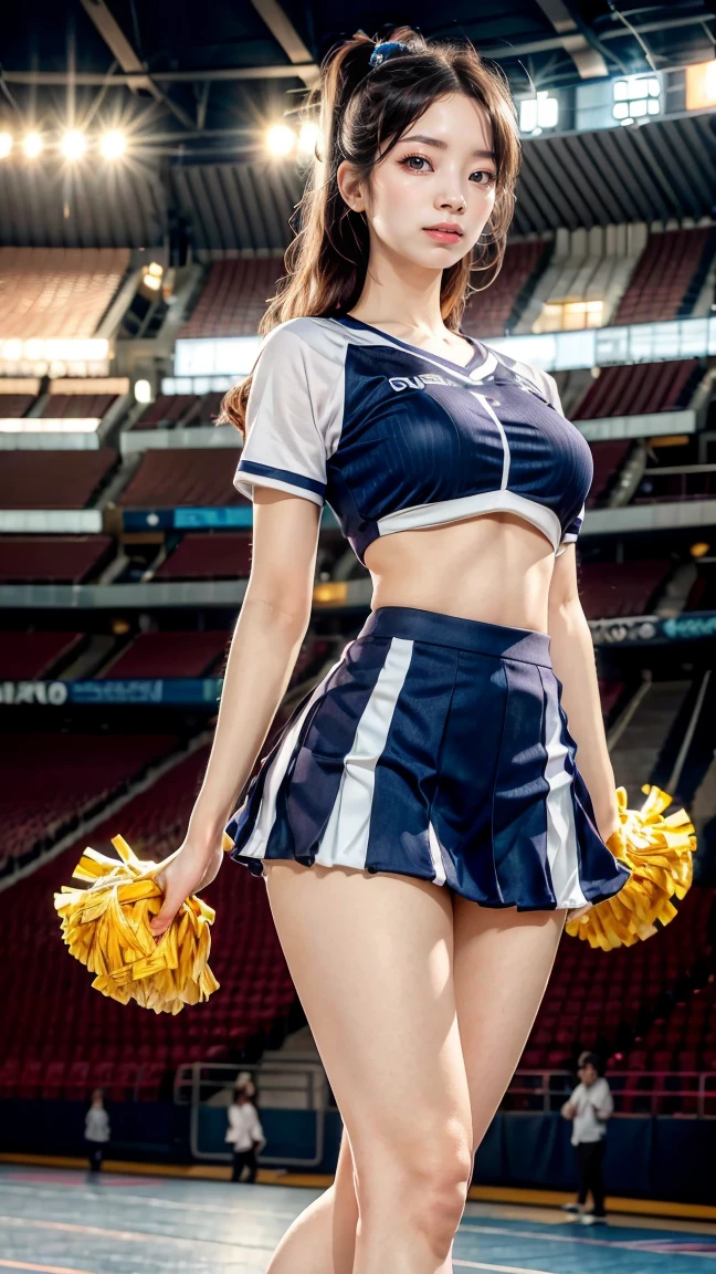 A beautiful young Japanese woman, 20 years old, with perfect anatomy, healthy thighs, beautiful feet, flawless skin, random hair color and style, large bust, (she is standing:1.2), wearing a cheerleader uniform with micro-pleated miniskirt, in a full body shot, standing in a stadium, (best quality,4k,8k, highres, masterpiece:1.3), (extremely detailed:1.2), dahyuntwicelora