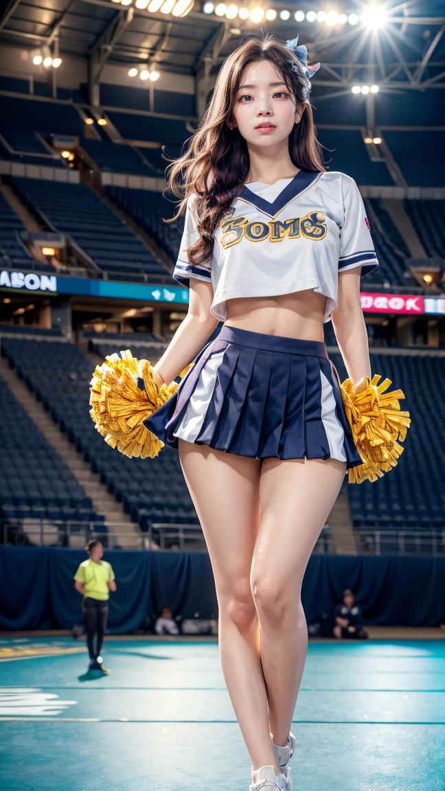 A beautiful young Japanese woman, 20 years old, with perfect anatomy, healthy thighs, beautiful feet, flawless skin, random hair color and style, large bust, (she is standing:1.2), wearing a cheerleader uniform with micro-pleated miniskirt, in a full body shot, standing in a stadium, (best quality,4k,8k, highres, masterpiece:1.3), (extremely detailed:1.2), dahyuntwicelora