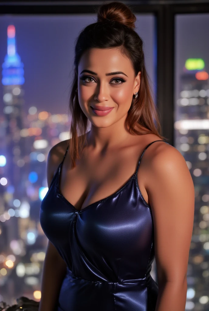 best quality, masterpiece, intricate details:1.4),highres,incredibly absurdres,wallpaper,(rich shadows:0.5),8k,Film grain,(beautiful face:1.3),looking at viewer,smirk,a woman,real skin,glamor,tall,muscular,(curvy:0.7) BREAK glossy dark blue dress,glossy fabrics,slip dress,earrings,necklace,spectacular night view,skyscraper,hdr,