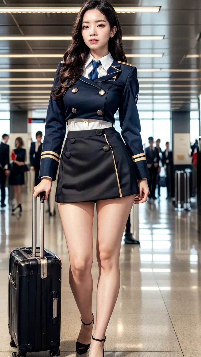 A beautiful, 24-year-old Japanese woman with perfect anatomy, healthy thighs, beautiful legs, beautiful skin, random hair color and style, large breasts, (wearing a flight attendant uniform with a mini-skirt:1.3), (she is standing:1.2), full body shot, pumps, carrying a suitcase, at the airport, (best quality,4k,8k,highres,masterpiece:1.3),(extremely detailed:1.2),realistic,photorealistic,photo-realistic:1.37,professional,vivid colors, studio lighting, dahyuntwicelora