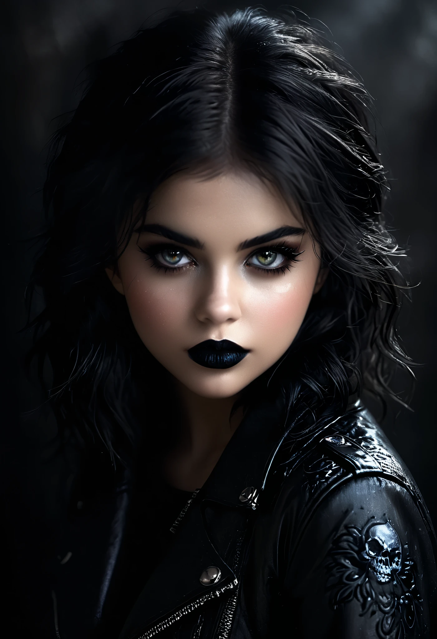 ( best quality, 4K,  high resolution,  masterpiece: 1.2), ultra-detailed, Selena Gomez as a gothic girl ,  beautiful detailed eyes ,  beautifully detailed lips,  extremely detailed face , 3D-Rendering,  gloomy atmosphere , dark fashion ,  black lipstick , pale skin, long black hair, Smoky Eye Makeup,  gothic accessories , Leather jacket, Fishnet stockings,  skull print , menacing background ,  atmospheric lighting , Portrait,  expressive eyes , dramatic pose,  vivid colors , High contrast,  emotional art , Horror-Inspiration, Romantic atmosphere