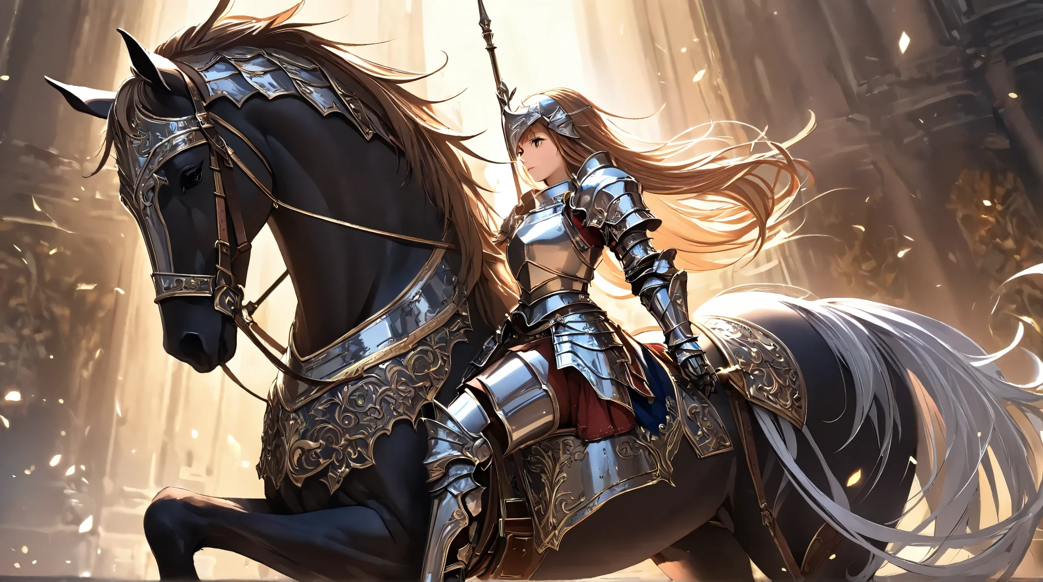 (( best quality )),( ultra high definition),( more details),( detailed explanation ),(( best CG )),( BEST WORK OF ART ), Ultra Precision Art, amazing painting art,(Exquisite art:1.5), Female Knight, ceremonial heavy armor, Brilliant Horse Armor
