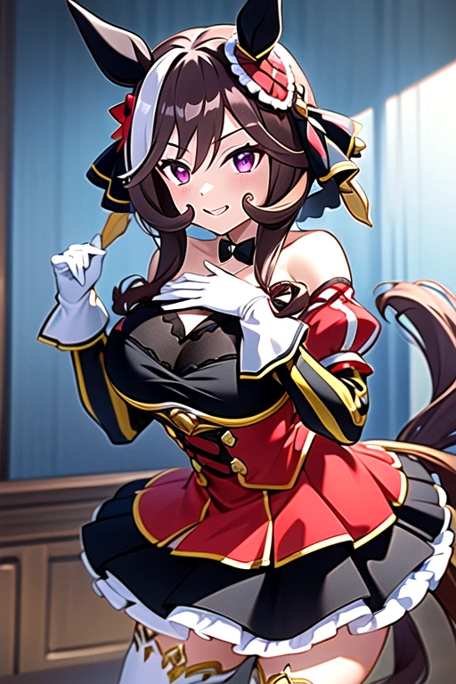 gentildonna,umamusume,1girl, animal ears, solo, purple eyes, horse tail,large breasts,,light smile,best quality,bare shoulders, white gloves, black belt on the chest, red dress, frills, ribbon, black skirt, thighhighs, white legwear, large breasts, hand on own hip, smug,