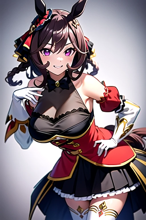 gentildonna,umamusume,1girl, animal ears, solo, purple eyes, horse tail,large breasts,,light smile,best quality,bare shoulders, white gloves, black belt on the chest, red dress, frills, ribbon, black skirt, thighhighs, white legwear, large breasts, hand on own hip, smug,