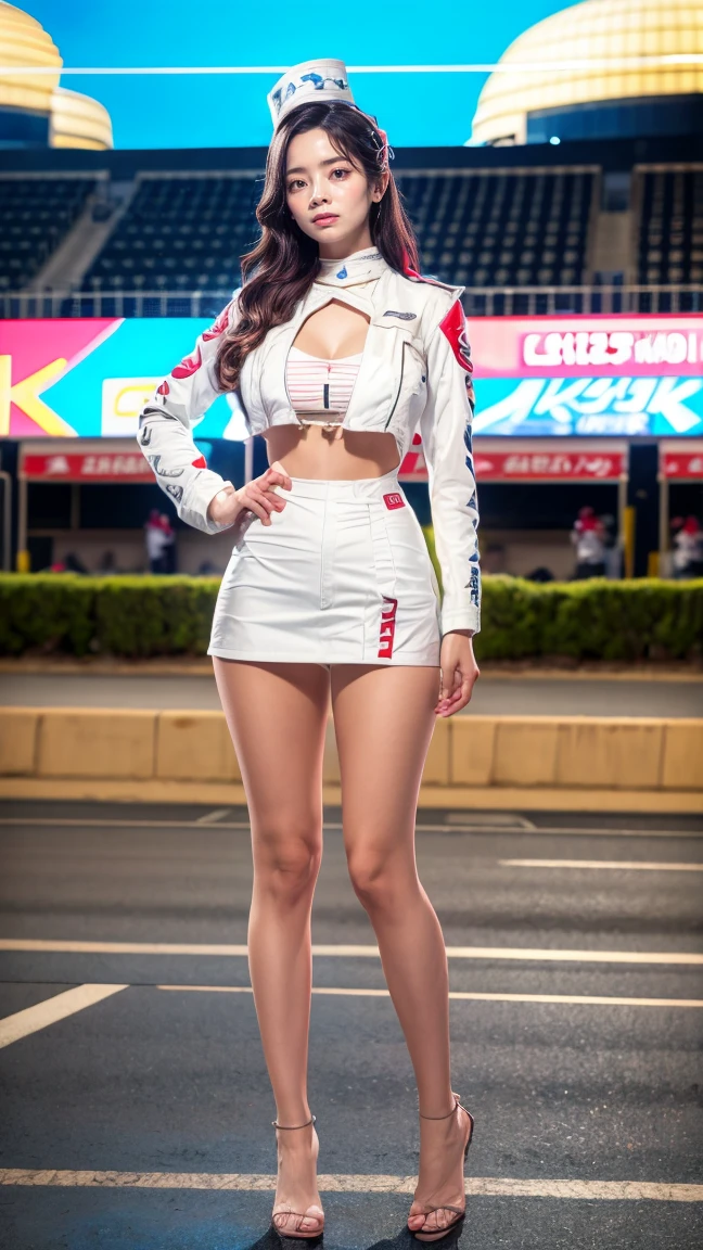 A beautiful Japanese woman, 20 years old, perfect anatomy, healthy thighs, beautiful legs, beautiful skin, random hair color, random hairstyle, large breasts, race queen, (race queen costume:1.3), zent, (she is standing:1.2), full body shot, high heels, racing circuit, (best quality,4k,8k, highres, masterpiece:1.3), (extremely detailed:1.2),photorealistic, cinematic lighting,HDR,professional photography, vivid colors, dahyuntwicelora