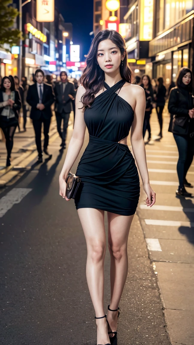 a beautiful young Japanese woman, 24 years old, with healthy thighs, beautiful legs, flawless skin, random hair color and hairstyle, large breasts, a hostess wearing a hostess dress, high heels, (she is standing:1.2), full body shot, holding a purse in one hand, on a busy city street at night, (best quality,4k,8k,highres,masterpiece:1.3),(extremely detailed:1.2),detailed anatomy,photorealistic,vibrant colors, dramatic lighting, dahyuntwicelora