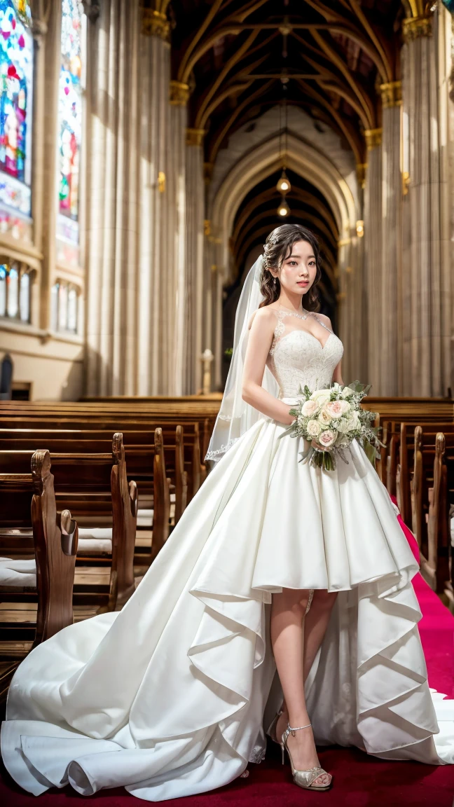 A beautiful young Japanese woman, 26 years old, with healthy thighs, beautiful legs, flawless skin, random hair color and style, large breasts, wearing a (wedding dress:1.3), (she is standing:1.2), full body shot, high heels, holding a bouquet in her hands, in a church setting, (best quality,8k, masterpiece:1.3), (extremely detailed:1.2), perfect anatomy, dahyuntwicelora