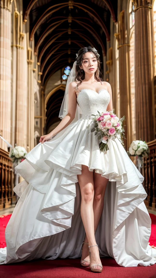 A beautiful young Japanese woman, 26 years old, with healthy thighs, beautiful legs, flawless skin, random hair color and style, large breasts, wearing a (wedding dress:1.3), (she is standing:1.2), full body shot, high heels, holding a bouquet in her hands, in a church setting, (best quality,8k, masterpiece:1.3), (extremely detailed:1.2), perfect anatomy, dahyuntwicelora