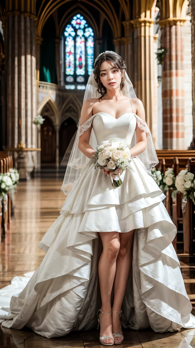 A beautiful young Japanese woman, 26 years old, with healthy thighs, beautiful legs, flawless skin, random hair color and style, large breasts, wearing a (wedding dress:1.3), (she is standing:1.2), full body shot, high heels, holding a bouquet in her hands, in a church setting, (best quality,8k, masterpiece:1.3), (extremely detailed:1.2), perfect anatomy, dahyuntwicelora