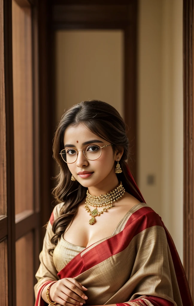 (iu:0.8),cleavage, RAW, Best quality, high resolution, Masterpiece: 1.3, Beautiful glasses hijabi scottish girl wearing rustic saree, Masterpiece, Soft smile, choker
