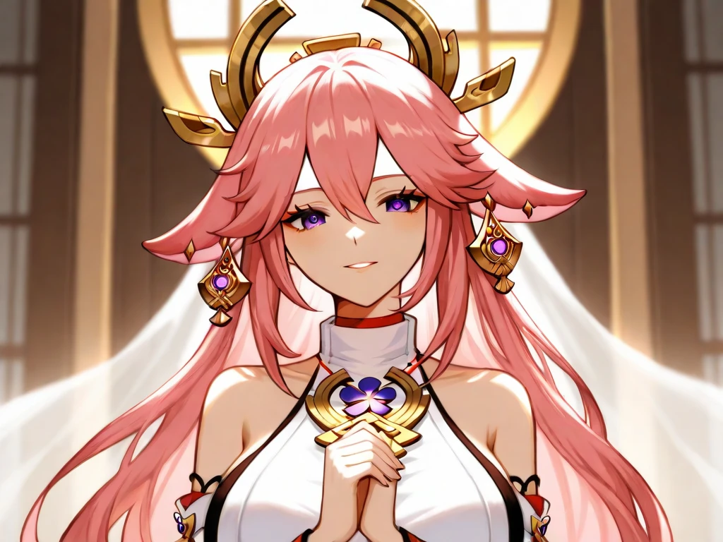 A smug narcissistic pink haired genie woman wearing a pink bra and white puffy harem pants and lots of jewelry flaunting herself
