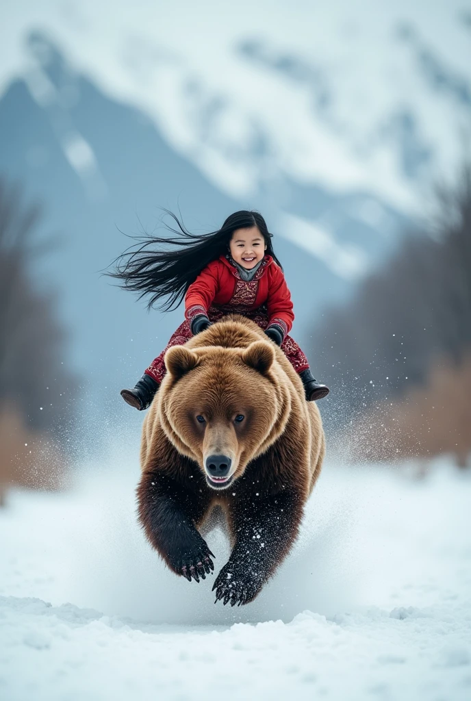 A high school girl straddling a polar bear、Point to the reference direction、Black Hair、Shortcuts、Red winter clothes、Real、Bold composition、とてもRealな描写、photograph、Beautiful girl。