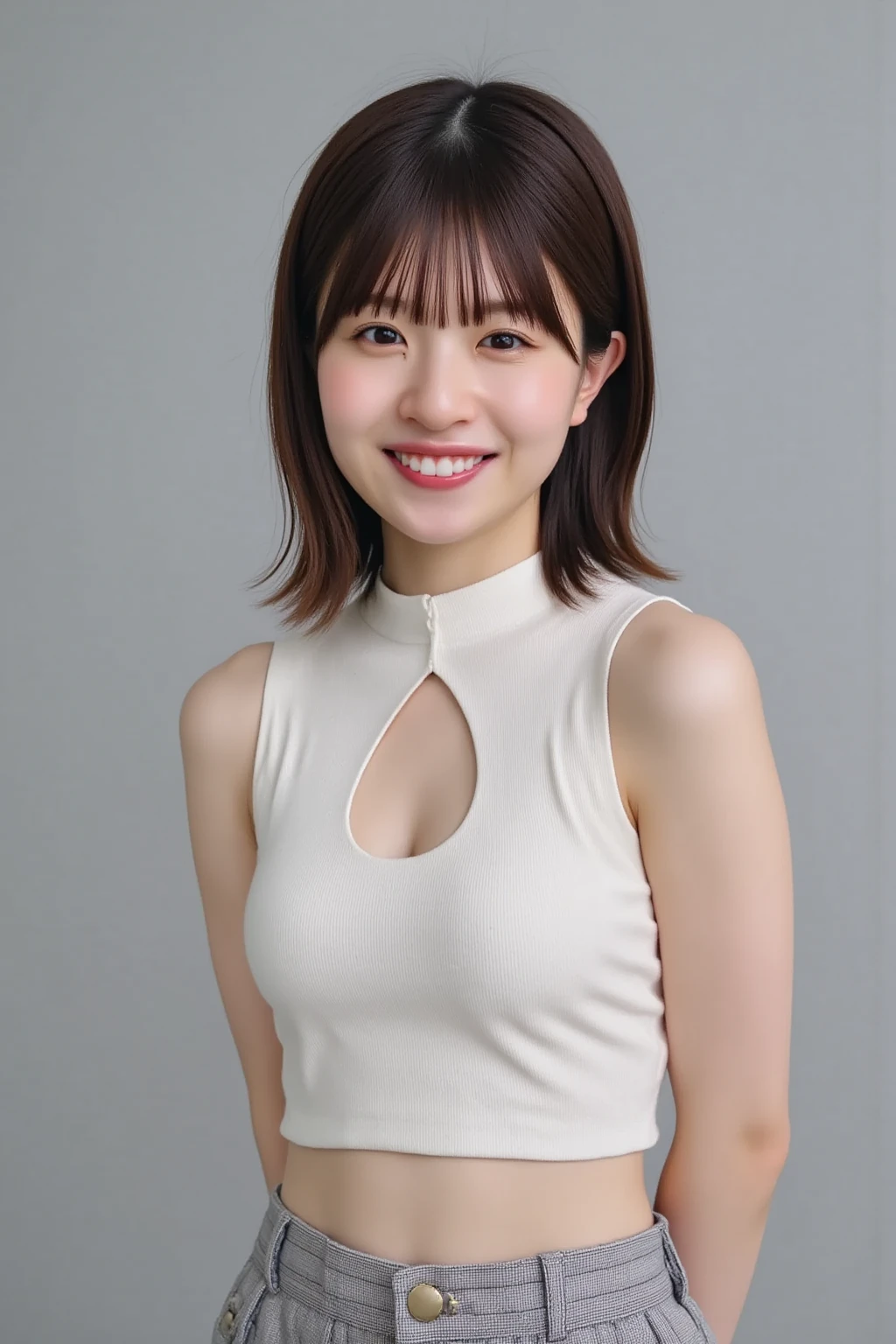 ((( High resolution,top quality, super detailed, Masterpiece , very detailed,realistic,real person,Ultra detailed skin))) ,simple background,(from front), medium shot, looking at viewer , (smile, closed mouth), (standing), (arms behind back), black hair, medium hair, medium breasts, cleavage,(white sweater,turtleneck,sleeveless,cleavage cutout), Tight skirt