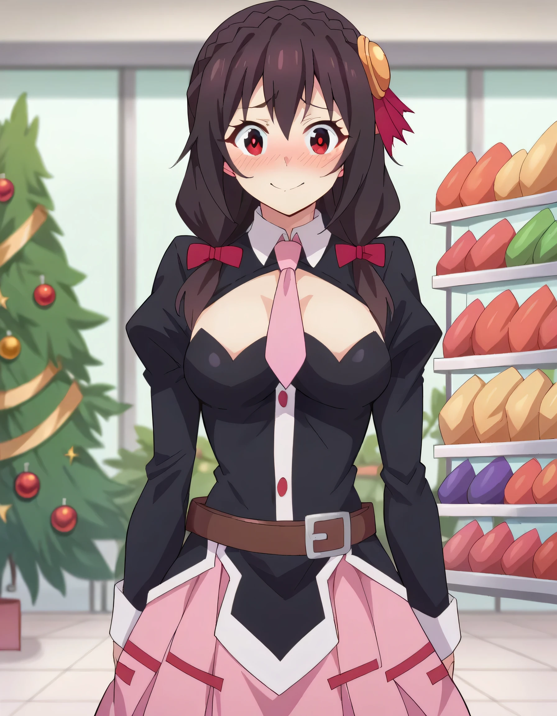 HD, High Quality 、
Yunyun、 black hair, hair accessories, red eyes, bow, braided , crown braided ,
skirt , thighs, Long Sleeve , ties, belt, Outfit Cutout, cleavage cutout to viewer, pink skirt , pink ties,
( embarrassed smile) 、blush, Audience , Cowboy Shots、( is opening your mouth)、 shopping mall 、 christmas tree 、 Illuminations