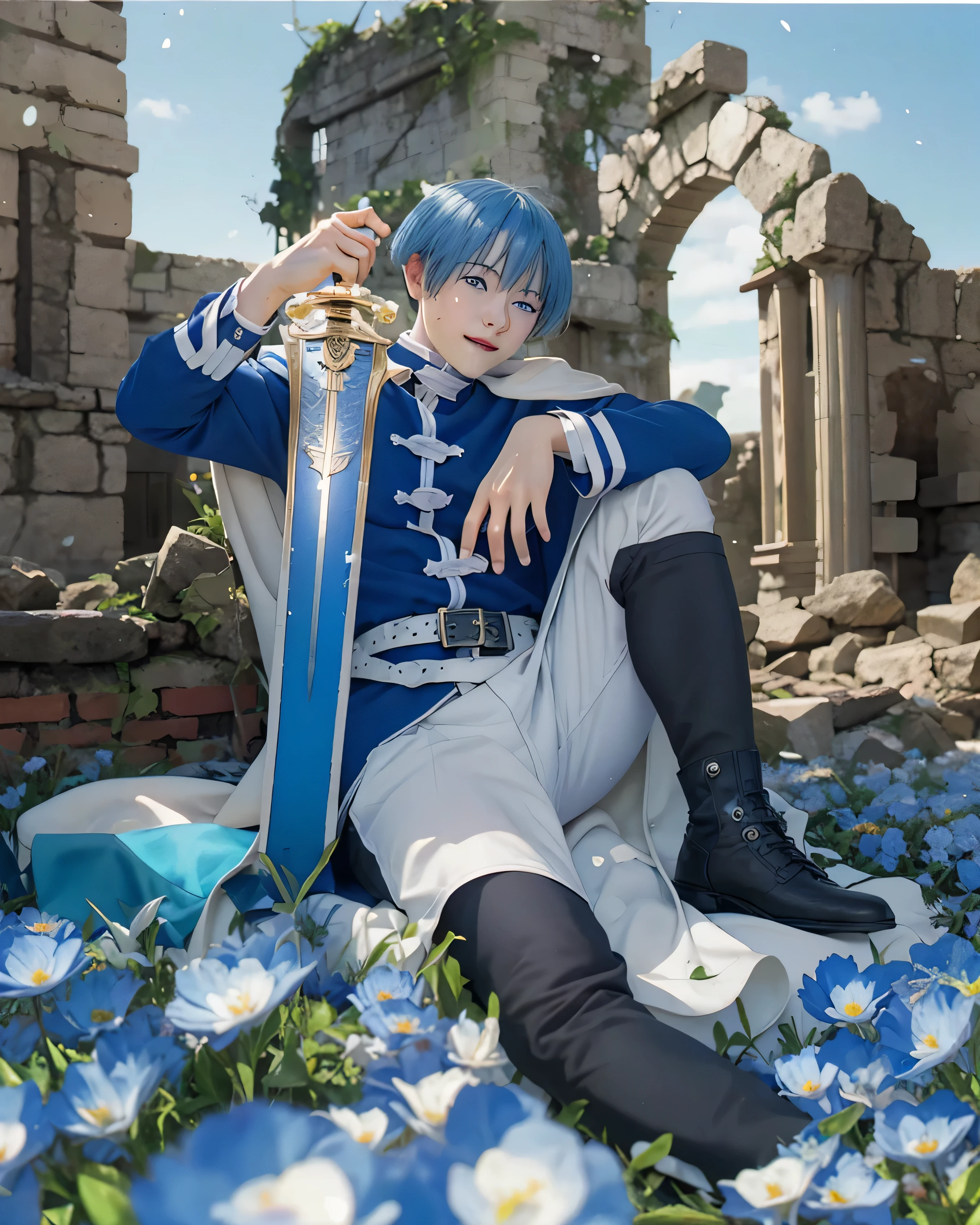 ((HIMMEL_SOUSOU_NO_FRIEREN),((realistic, photorealistic)),(highlight hair)), Light reflection, (( HD )),((upper body)), (((best quality, masterpiece))), (masterpiece) (best quality) (detail) (8k) (HDR) (wallpaper) (cinematic lighting) (sharp focuasterpiece, best quality: 1.1), Real life adaption of this character, Asian  beauty face, Shining Purple eyes, realistic outfit, realistic shadow, realistic light, realism, hyper realistic, realistic background,(photorealistic:1.2), masterpiece((live-action:1.2)), photo of in real life,8k, A hyper-realistic movie photograph of a young man with short blue hair. He is wearing a blue and white outfit with a white cape. The character has a gentle smile on his face. The background features an ancient stone structure with arches and a clear blue sky. Colorful petals are floating in the air, creating a festive and joyful atmosphere.score_9, score_8_up, source_anime, 1boy, solo, HimmelFrieren, blue hair, short hair, blue eyes, white cloak, uniform, blue jacket, white belt, white pants, black boots, full body, planted sword, holding sword, outdoors, field,masterpiece, best quality, intricate details, semi-realistic, looking at viewer, , 1boy, solo, male focus, himmel_sousou_no_frieren, blue hair, blue eyes, short hair, bangs, hair between eyes, mole under eye, focused, fuji mountain, noon, sitting, half-closed eyes,Leaning against the ruined wall, the blue flower garden,Ruins, flowery stones,Blue sky