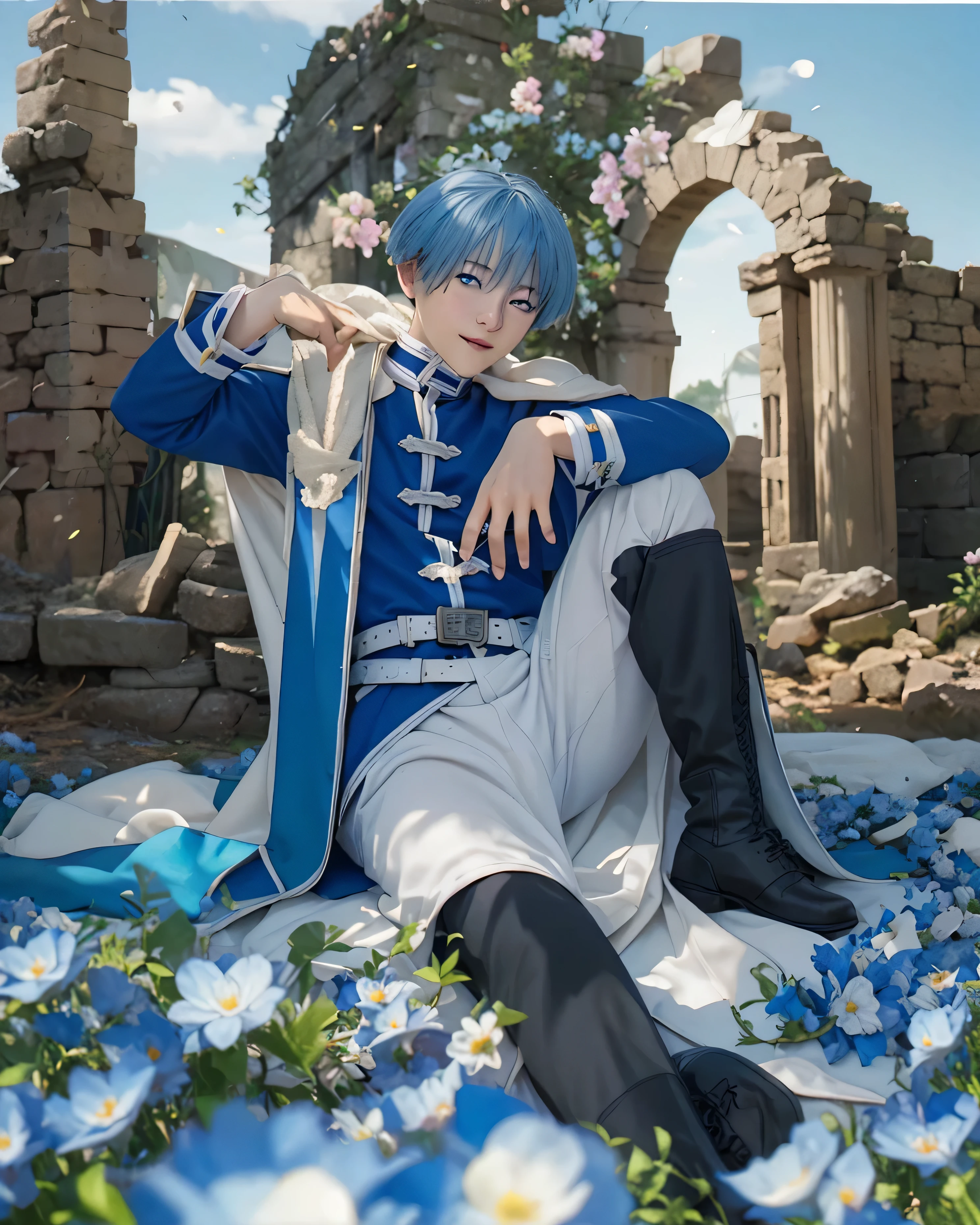 ((HIMMEL_SOUSOU_NO_FRIEREN),((realistic, photorealistic)),(highlight hair)), Light reflection, (( HD )),((upper body)), (((best quality, masterpiece))), (masterpiece) (best quality) (detail) (8k) (HDR) (wallpaper) (cinematic lighting) (sharp focuasterpiece, best quality: 1.1), Real life adaption of this character, Asian  beauty face, Shining Purple eyes, realistic outfit, realistic shadow, realistic light, realism, hyper realistic, realistic background,(photorealistic:1.2), masterpiece((live-action:1.2)), photo of in real life,8k, A hyper-realistic movie photograph of a young man with short blue hair. He is wearing a blue and white outfit with a white cape. The character has a gentle smile on his face. The background features an ancient stone structure with arches and a clear blue sky. Colorful petals are floating in the air, creating a festive and joyful atmosphere.score_9, score_8_up, source_anime, 1boy, solo, HimmelFrieren, blue hair, short hair, blue eyes, white cloak, uniform, blue jacket, white belt, white pants, black boots, full body, planted sword, holding sword, outdoors, field,masterpiece, best quality, intricate details, semi-realistic, looking at viewer, , 1boy, solo, male focus, himmel_sousou_no_frieren, blue hair, blue eyes, short hair, bangs, hair between eyes, mole under eye, focused, fuji mountain, noon, sitting, half-closed eyes,Leaning against the ruined wall, the blue flower garden,Ruins, flowery stones,Blue sky