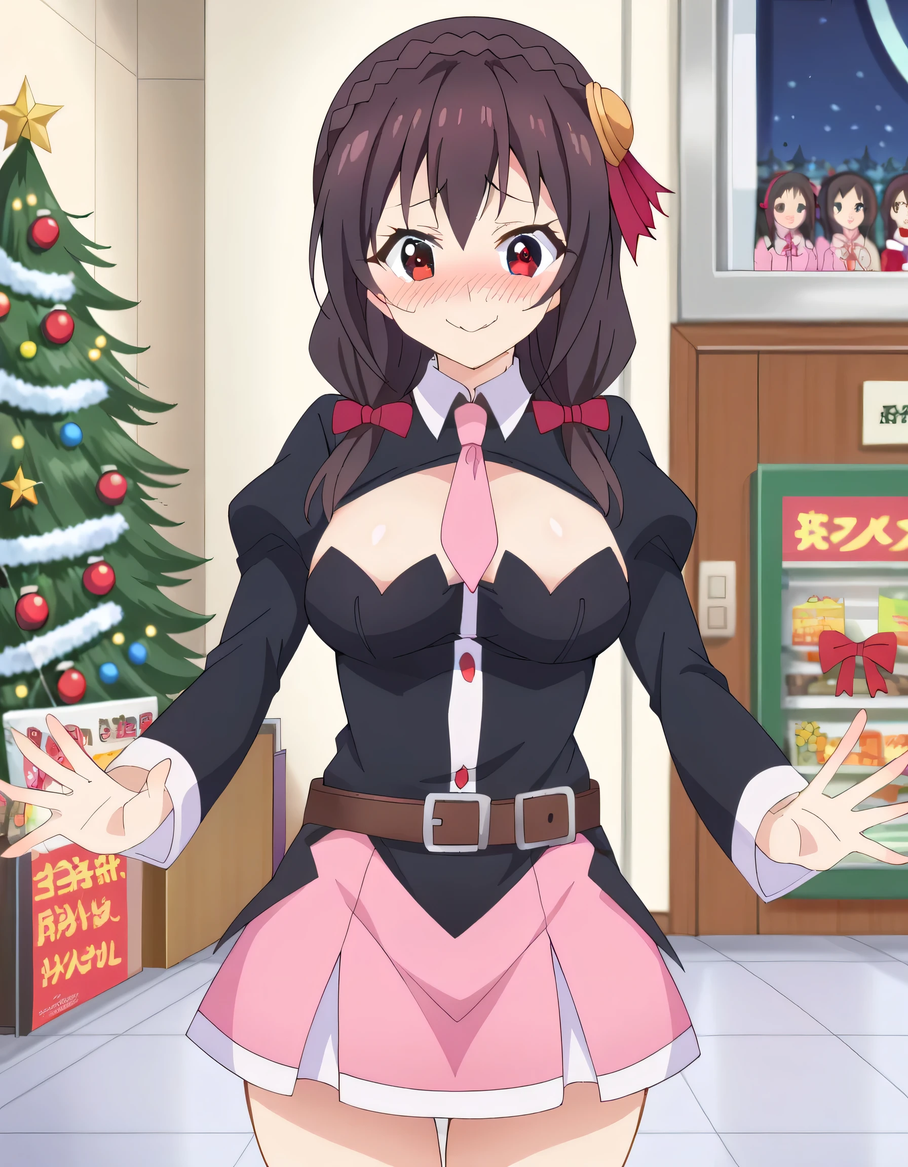 HD, High Quality 、
Yunyun、 black hair, hair accessories, red eyes, bow, braided , crown braided ,
skirt , thighs, Long Sleeve , ties, belt, Outfit Cutout, cleavage cutout to viewer, pink skirt , pink ties,
( embarrassed smile) 、blush, Audience , Cowboy Shots、( is opening your mouth)、 shopping mall 、 christmas tree 、( Christmas lights at night )