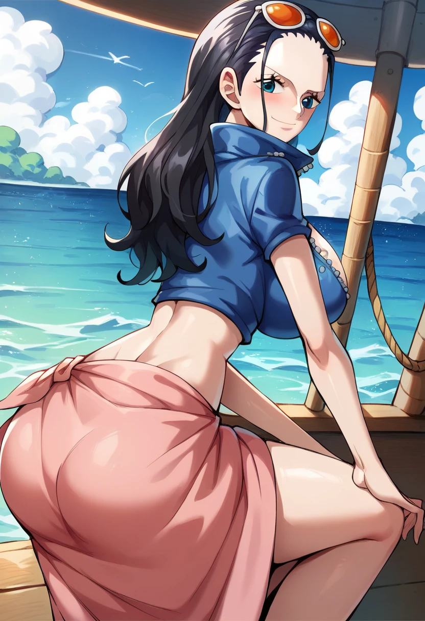 score_9 score_8_up score_7_up, Nico Robin from One Piece, blush,Black Hair, Long Hair, Pale Skin, Blue Eyes, Mouth Closed, Sunglasses on Forehead, Blue Zip-up Jacket,hands on knees, Short Sleeves, Midriff, Pink Sarong, On a Wooden Ship, Sea Background,Huge Breasts,Wide Hips,Thin Waist, Solo,Smiling, vibrant colors, cel shading, Simplistic Art Style,(from behind),butt focus