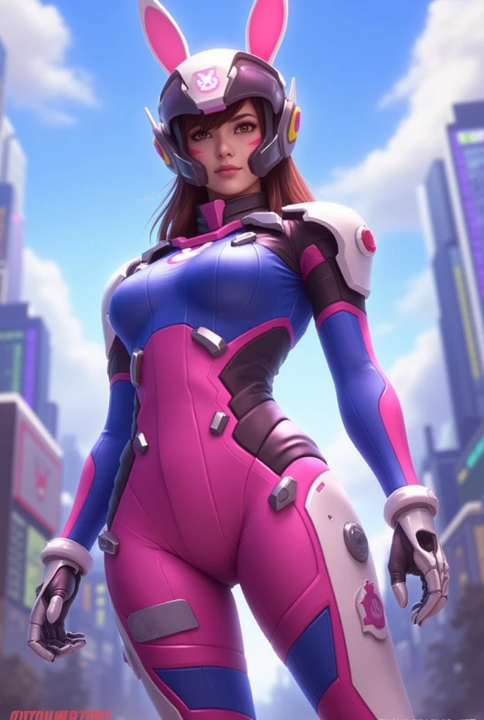 1girl, d.va (overwatch), solo, long hair, whisker markings, bodysuit, brown hair, facial mark, gloves, breasts, brown eyes, pilot suit, cowboy shot, headphones, white gloves, medium breasts, swept bangs, skin tight, animal print, bangs, bunny print, ribbed bodysuit, facepaint, pink lips, (ultra detailed), (8k, intricate), (85mm), light particles, lighting, breast focus, full body, (highly detailed:1.2), (detailed face:0,8), (gradients), sfw, colorful, (detailed eyes:1.5), (detailed background), (dynamic angle:1.2), (dynamic pose:1.2), (rule of third_composition:1.3), (Line of action:1.2), daylight, solo.
