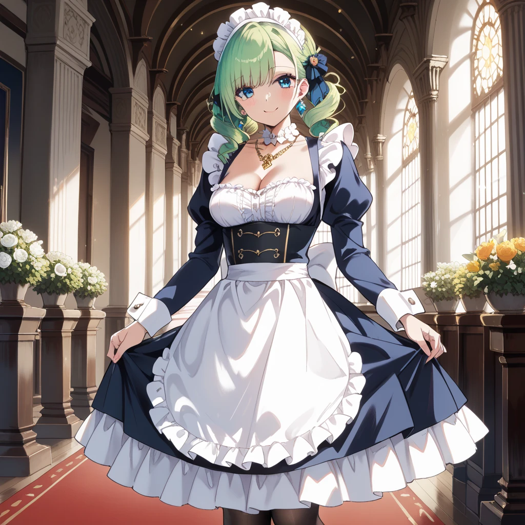 (((Best quality, 8k, Masterpiece: 1.3)), ((best quality)), ((masterpiece)), (detailed), perfect face, A maid girl with long green hair, she looks at me, Her thick hair flows, A maid costume with frills. She serves at the royal court, high resolution, Textured skin, anime style